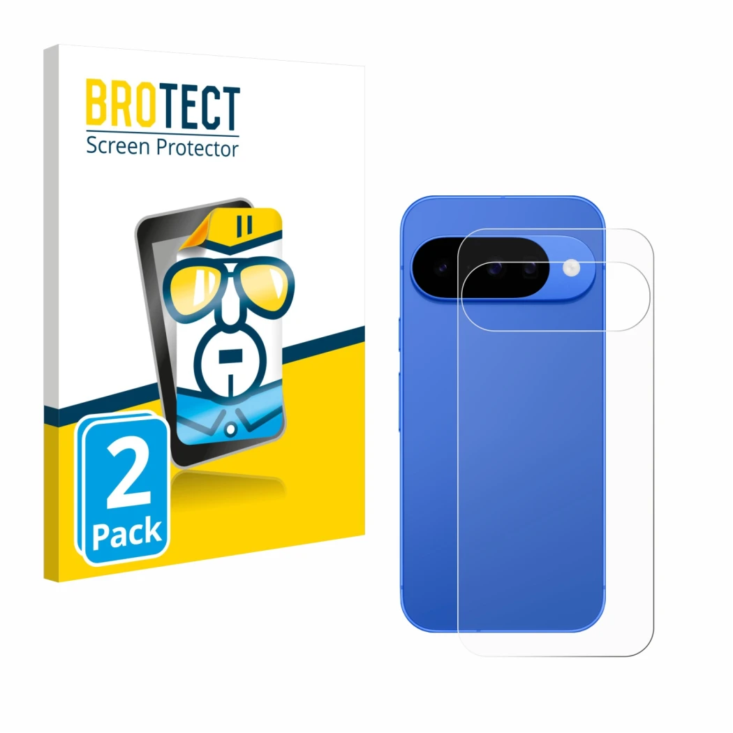 Face avant d’un emballage produit avec le logo de la marque BROTECT. À côté, l’appareil Google Pixel 10 (Arrière) est représen