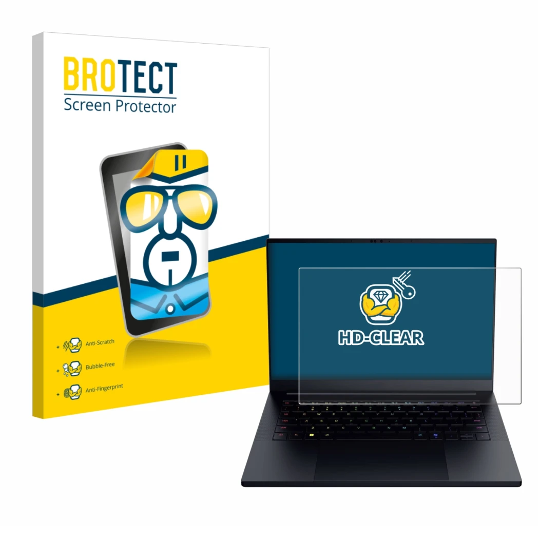 Face avant d’un emballage produit avec le logo de la marque BROTECT. À côté, l’appareil Razer Blade 14 2025 est représenté ave