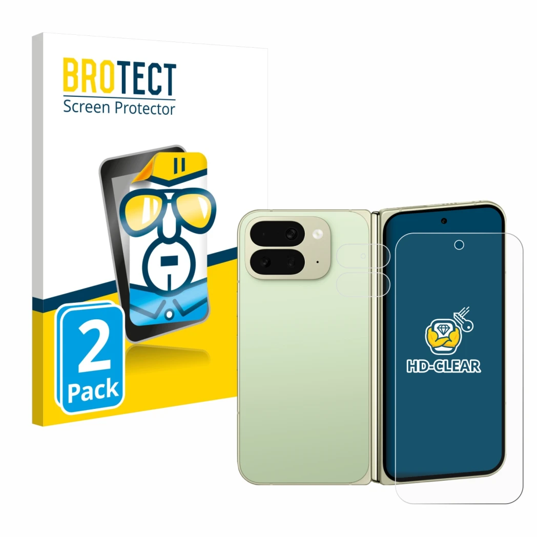 Face avant d’un emballage produit avec le logo de la marque BROTECT. À côté, l’appareil Google Pixel 10 Pro Fold (Avant+Caméra