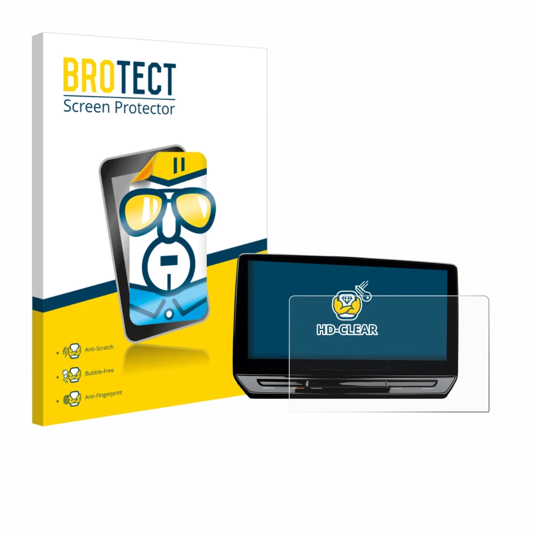 Face avant d’un emballage produit avec le logo de la marque BROTECT. À côté, l’appareil Cupra Leon Sportstourer VZ 12.9