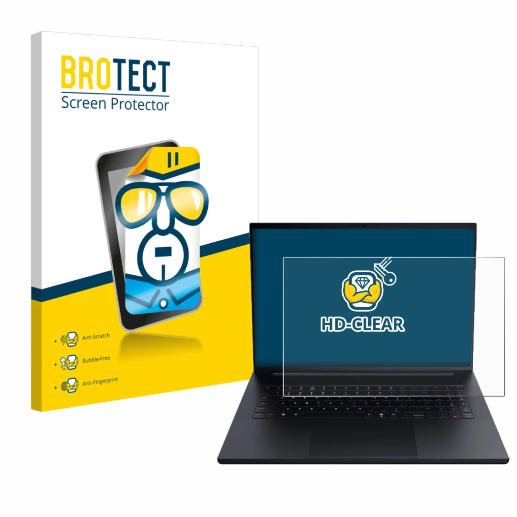 Face avant d’un emballage produit avec le logo de la marque BROTECT. À côté, l’appareil Razer Blade 18 2025 est représenté ave
