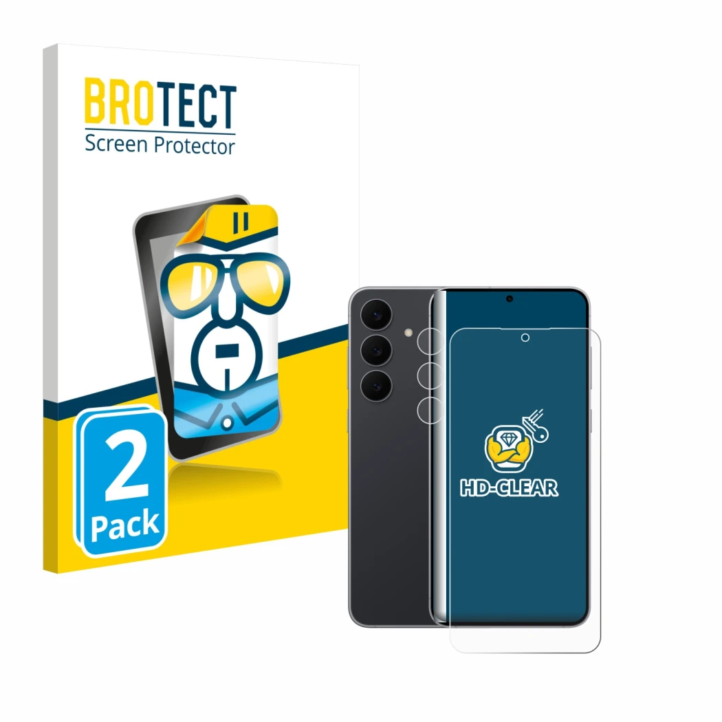 Face avant d’un emballage produit avec le logo de la marque BROTECT. À côté, l’appareil Samsung Galaxy S25 FE (Avant+Caméra) e
