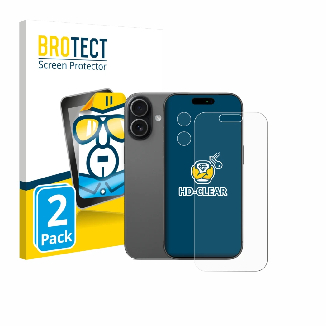 Face avant d’un emballage produit avec le logo de la marque BROTECT. À côté, l’appareil Apple iPhone 17 (Avant+Caméra) est rep