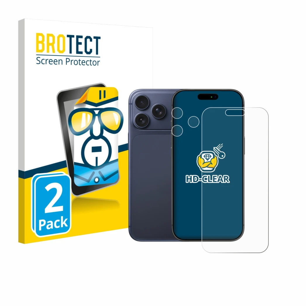 Face avant d’un emballage produit avec le logo de la marque BROTECT. À côté, l’appareil Apple iPhone 17 Pro Max (Avant+Caméra)