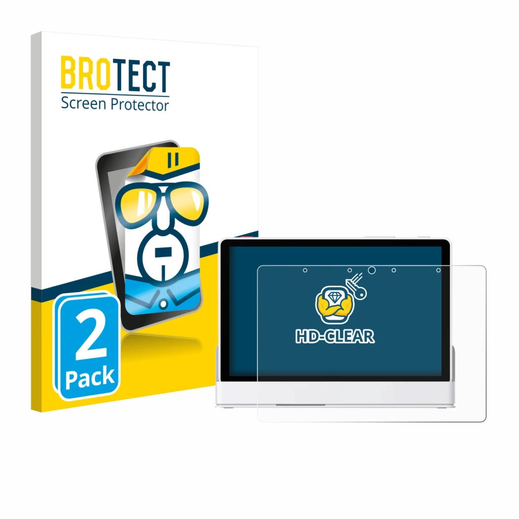 Face avant d’un emballage produit avec le logo de la marque BROTECT. À côté, l’appareil eufy Smart Display E10 est représenté 