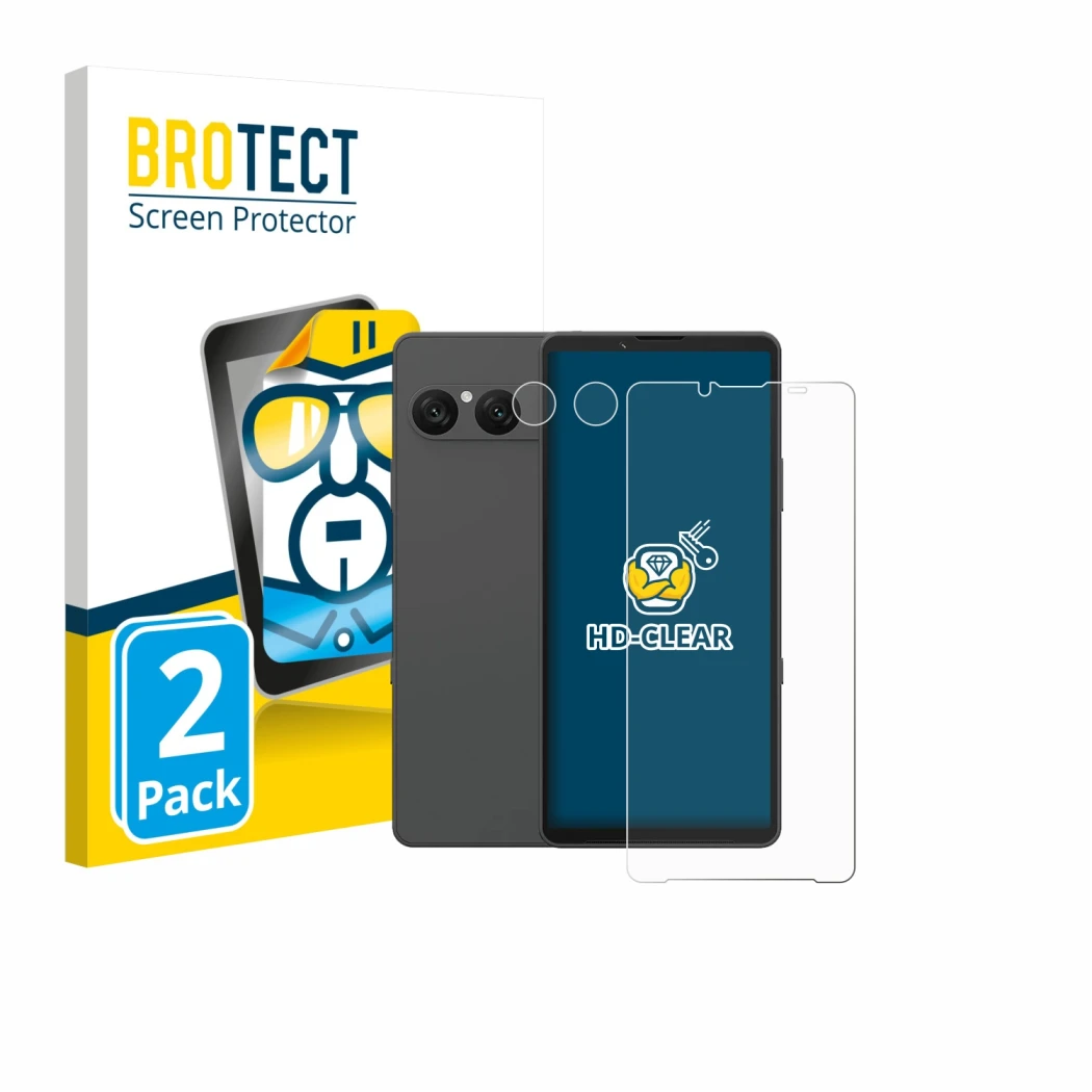 Face avant d’un emballage produit avec le logo de la marque BROTECT. À côté, l’appareil Sony Xperia 10 VII (Avant+Caméra) est 