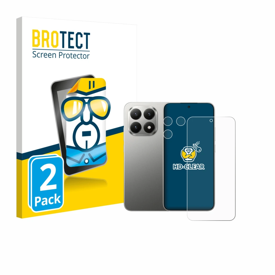 Face avant d’un emballage produit avec le logo de la marque BROTECT. À côté, l’appareil Xiaomi 15T (Avant+Caméra) est représen