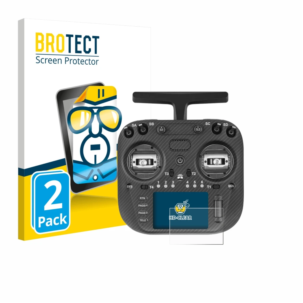Face avant d’un emballage produit avec le logo de la marque BROTECT. À côté, l’appareil Radiomaster TX15 Max est représenté av
