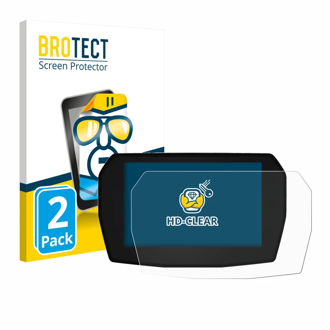 Face avant d’un emballage produit avec le logo de la marque BROTECT. À côté, l’appareil Ducati Panigale V2 2025 est représenté