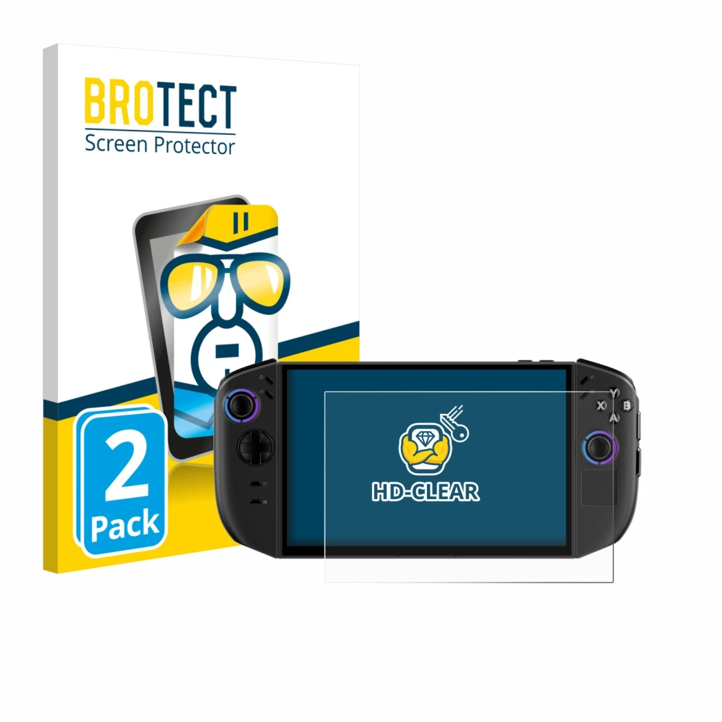 Face avant d’un emballage produit avec le logo de la marque BROTECT. À côté, l’appareil Lenovo Legion Go Gen 2 est représenté 