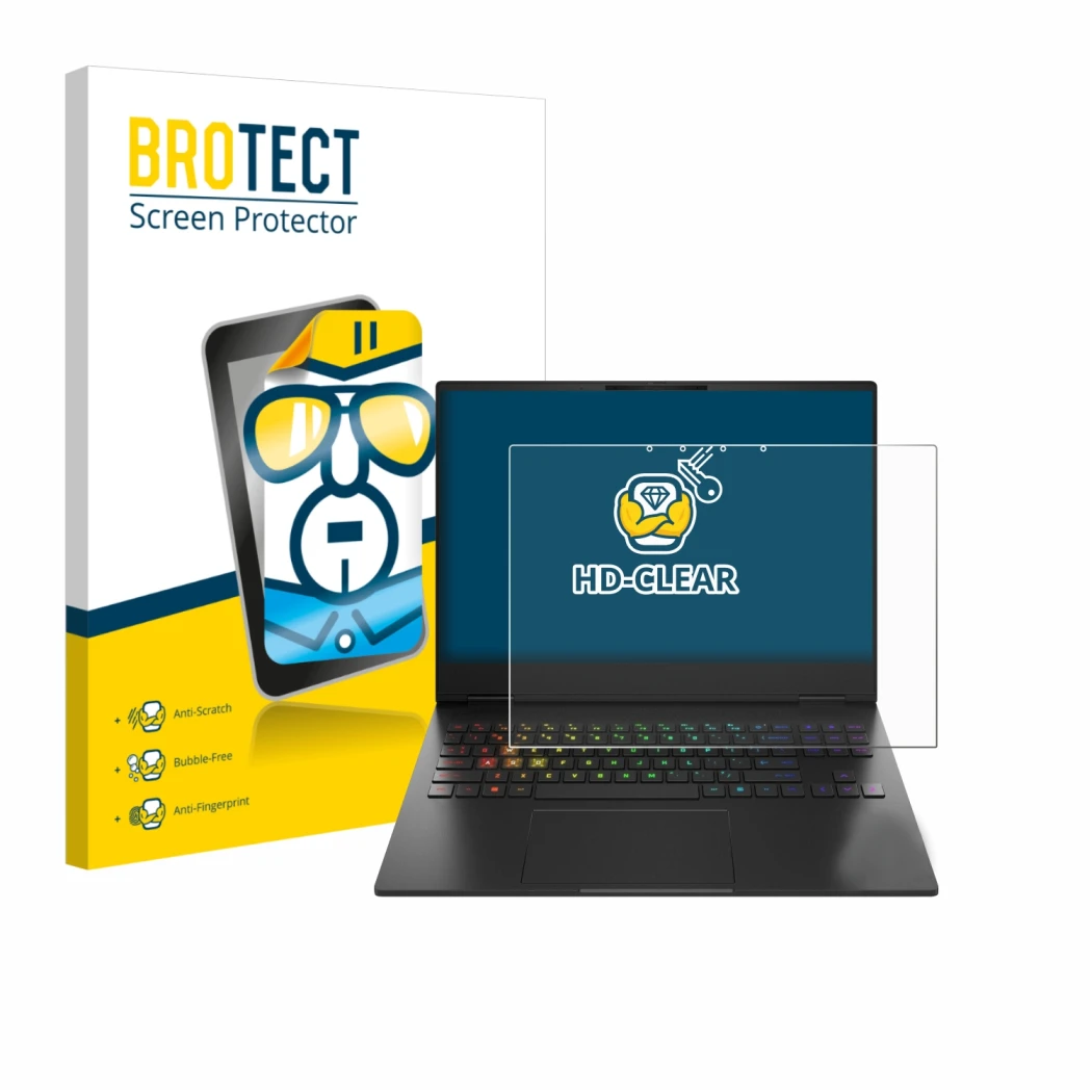 Face avant d’un emballage produit avec le logo de la marque BROTECT. À côté, l’appareil HP Omen Transcend 16-u1000nl est repré