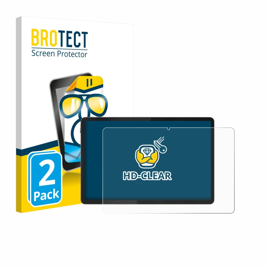 Face avant d’un emballage produit avec le logo de la marque BROTECT. À côté, l’appareil Lenovo Idea Tab Plus 12.1
