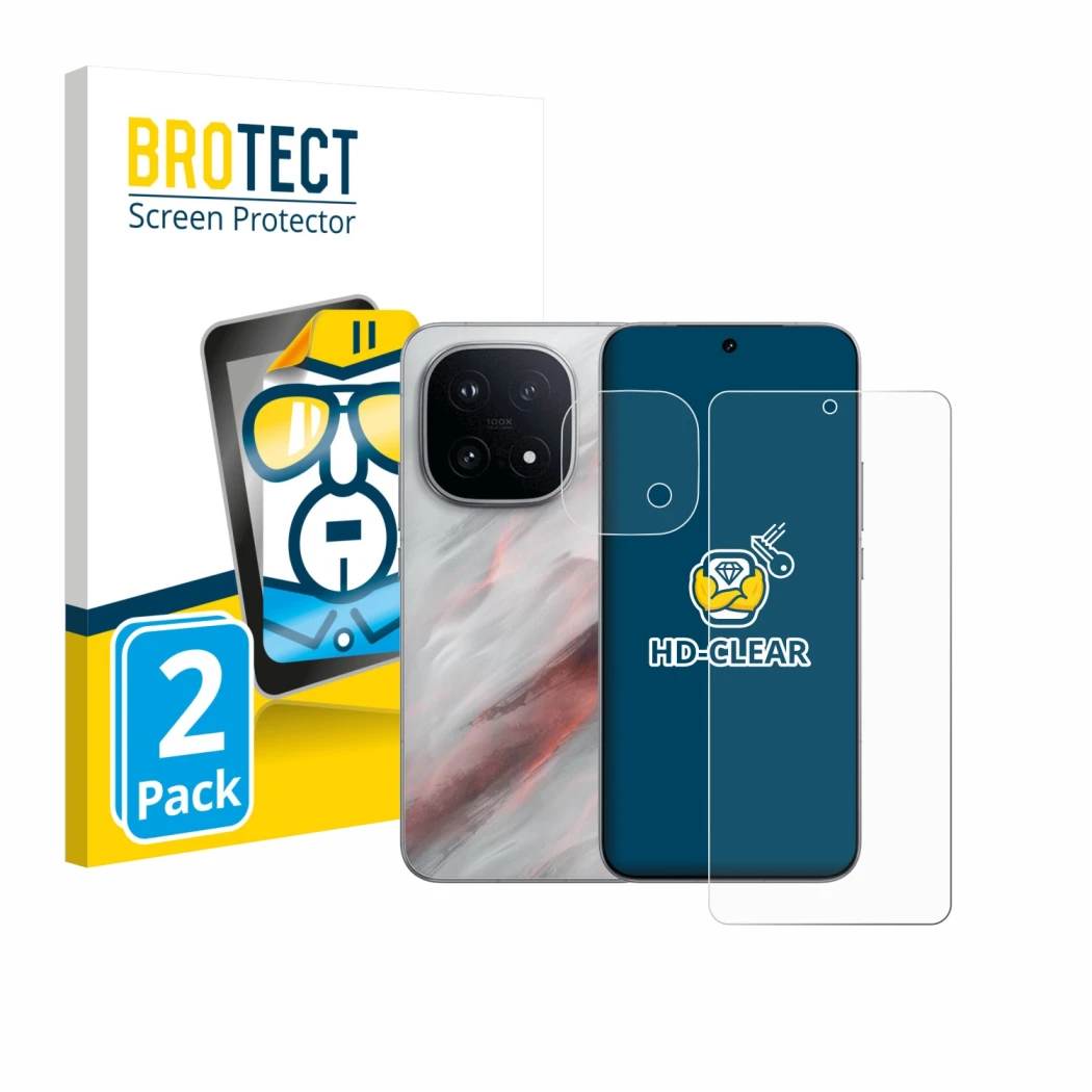 Face avant d’un emballage produit avec le logo de la marque BROTECT. À côté, l’appareil Vivo iQOO 15 (Avant+Caméra) est représ