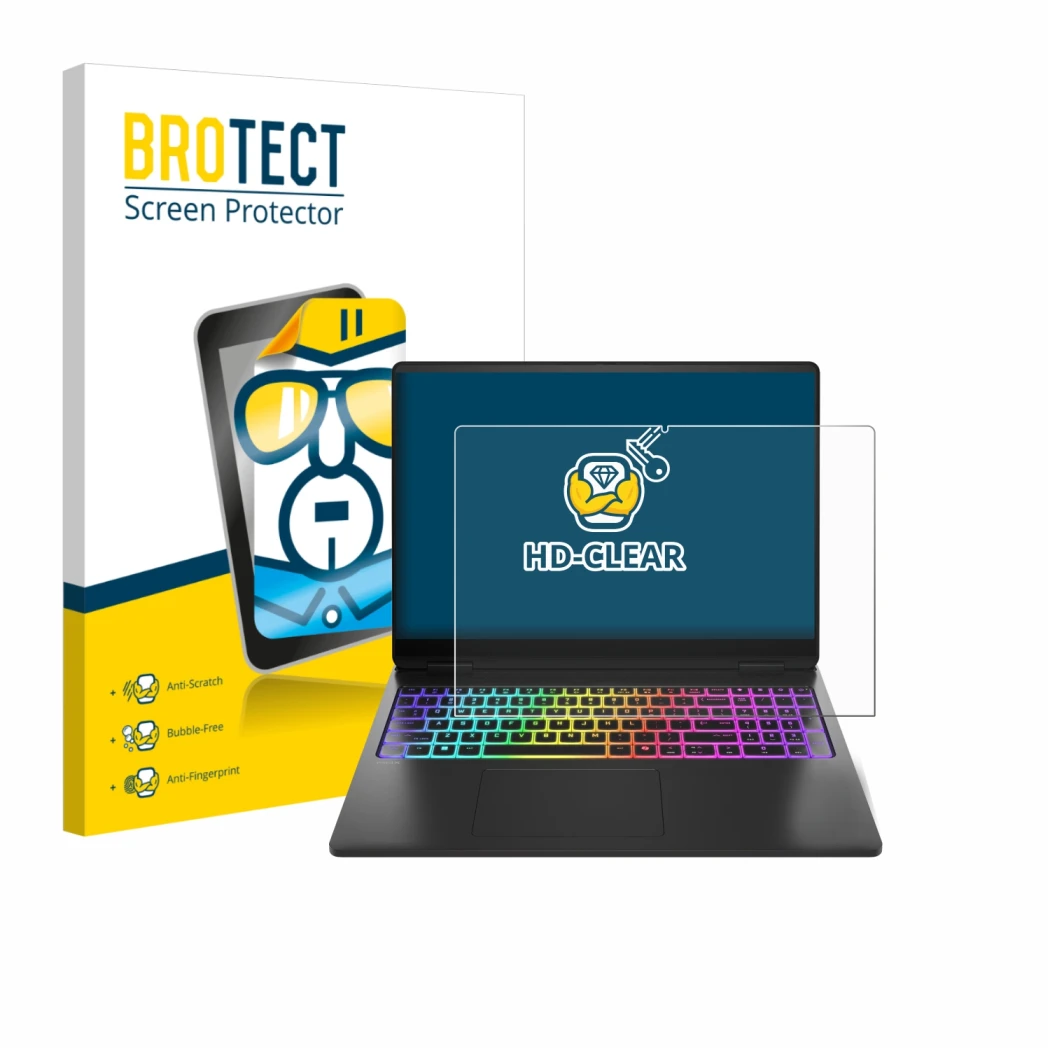 Face avant d’un emballage produit avec le logo de la marque BROTECT. À côté, l’appareil HP Omen Max 16 est représenté avec la 