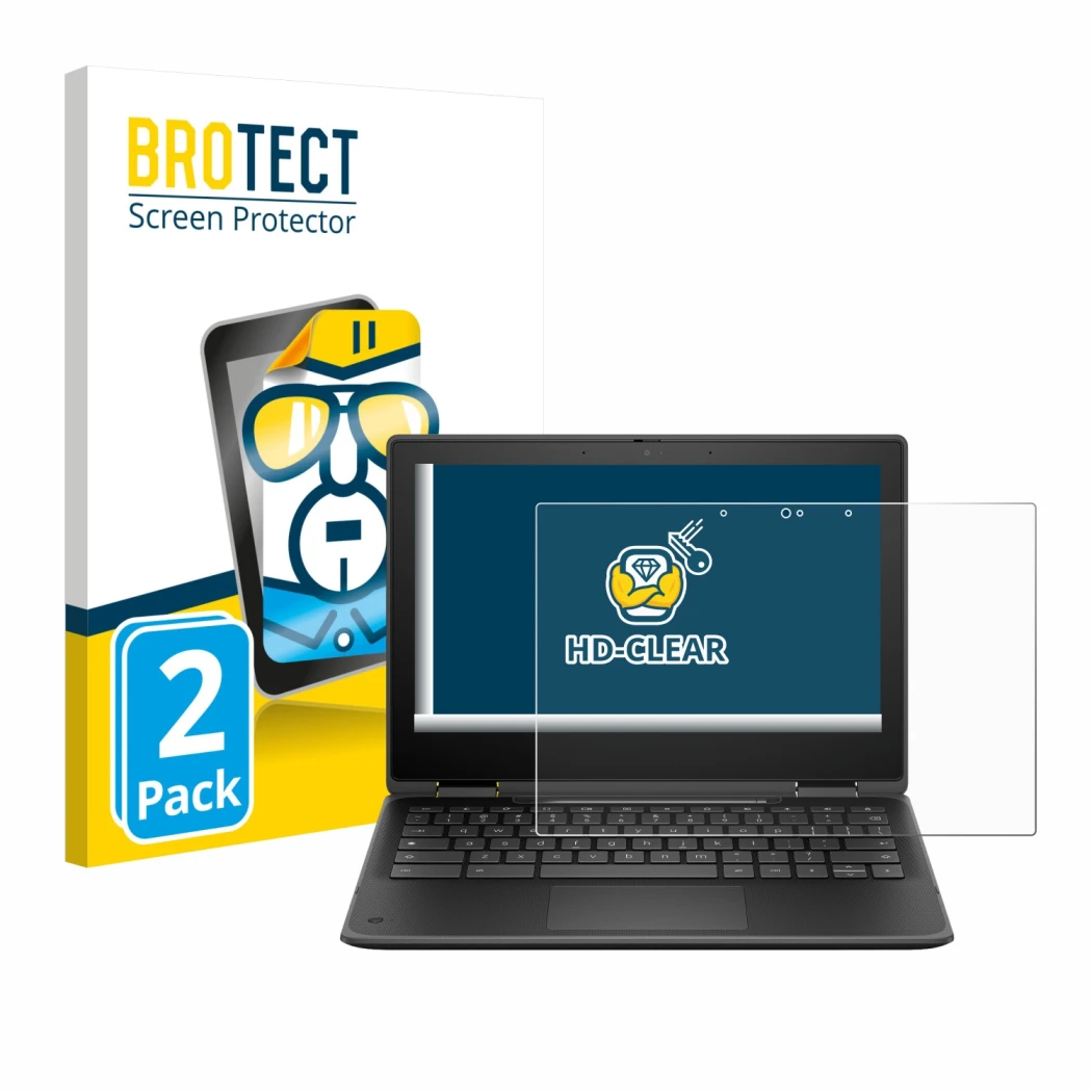 Face avant d’un emballage produit avec le logo de la marque BROTECT. À côté, l’appareil HP Fortis Flip G1i 11