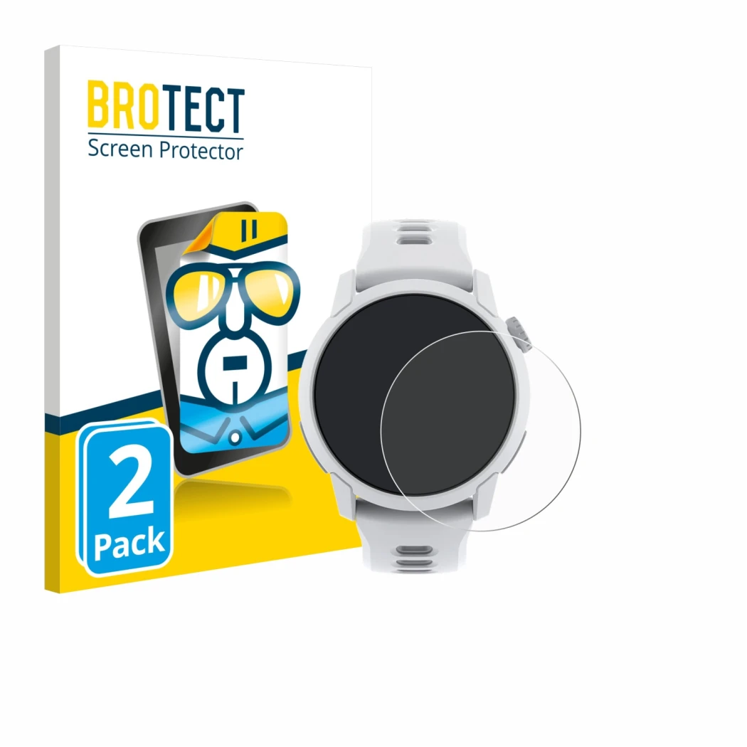 Face avant d’un emballage produit avec le logo de la marque BROTECT. À côté, l’appareil Coros Pace 4 est représenté avec la pr