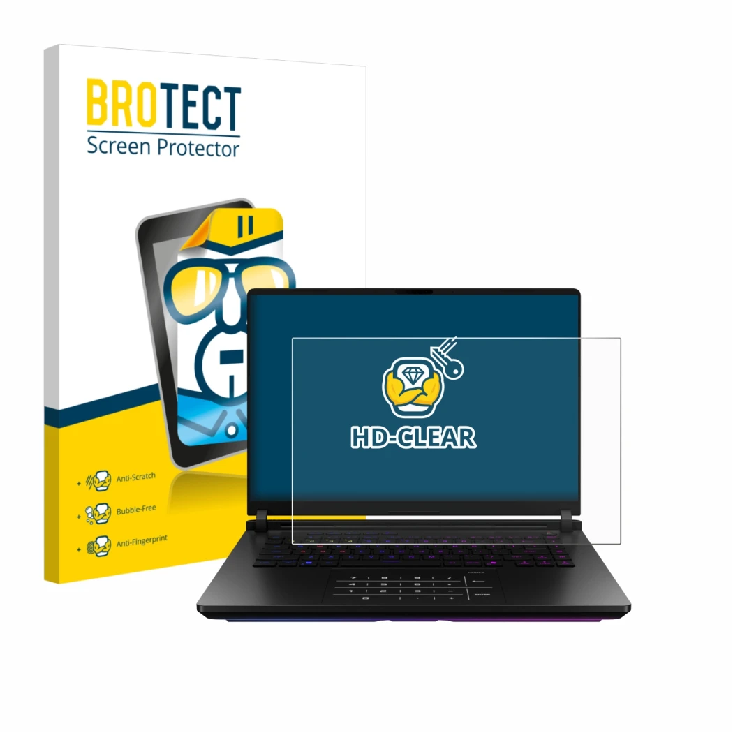 Face avant d’un emballage produit avec le logo de la marque BROTECT. À côté, l’appareil ASUS ROG Strix SCAR 18 2025 est représ