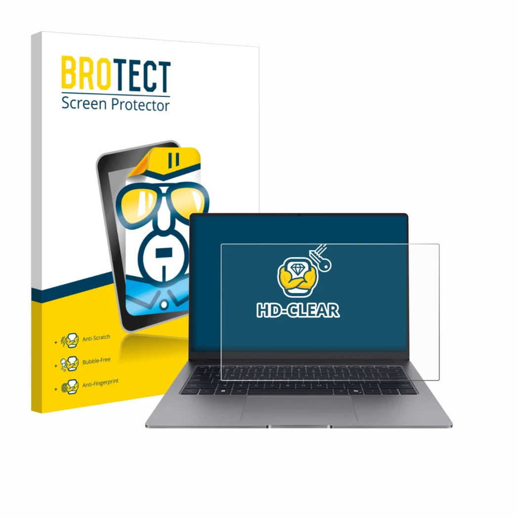 Face avant d’un emballage produit avec le logo de la marque BROTECT. À côté, l’appareil Honor MagicBook X14 Plus 2025 est repr