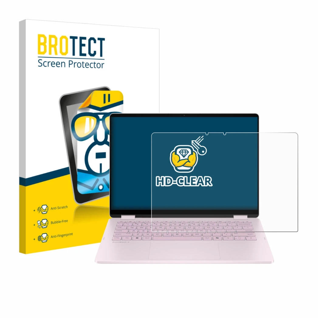 Face avant d’un emballage produit avec le logo de la marque BROTECT. À côté, l’appareil HP OmniBook 5 Flip 14 14-fp0153ng est 