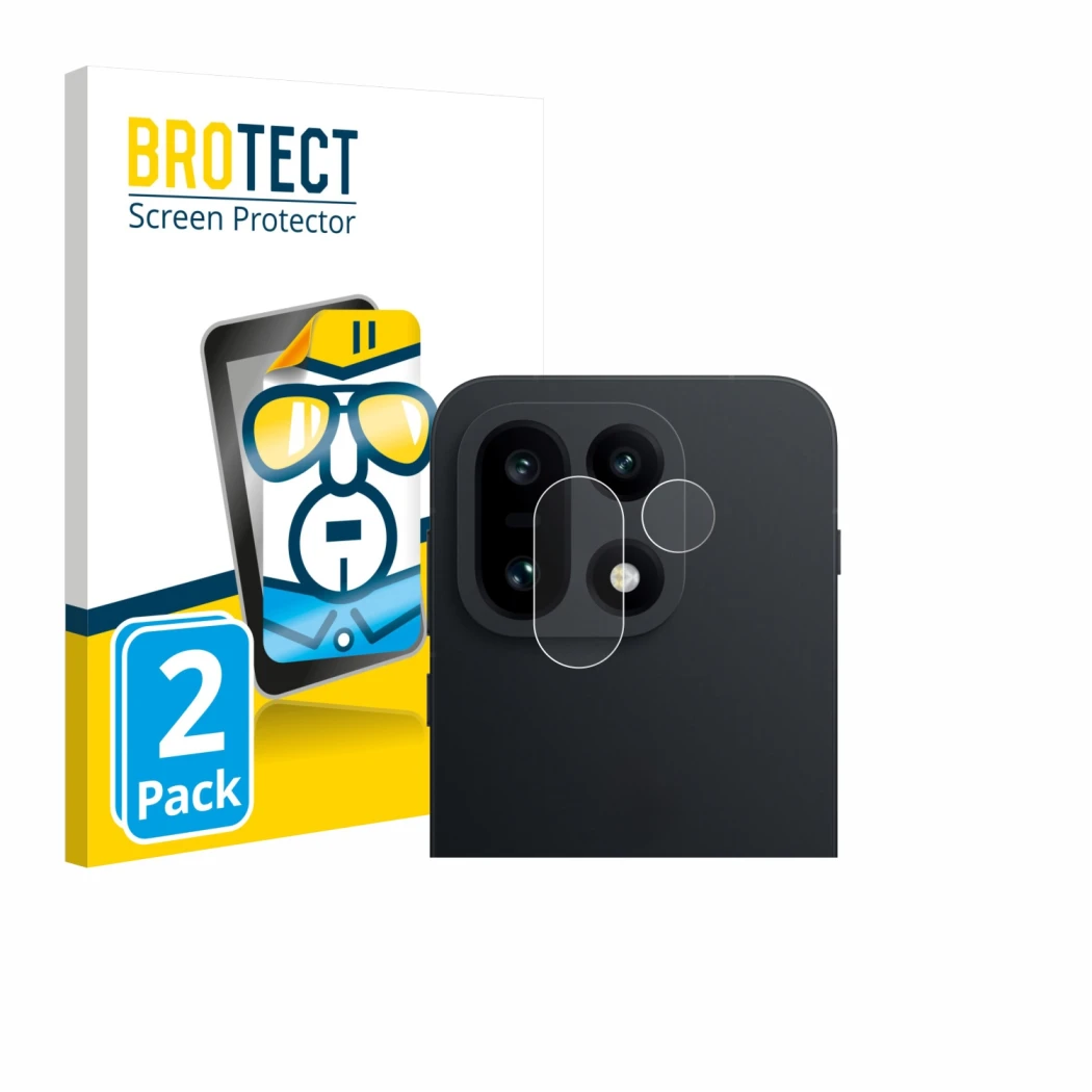 Face avant d’un emballage produit avec le logo de la marque BROTECT. À côté, l’appareil OnePlus 15 (Caméra UNIQUEMENT) est rep