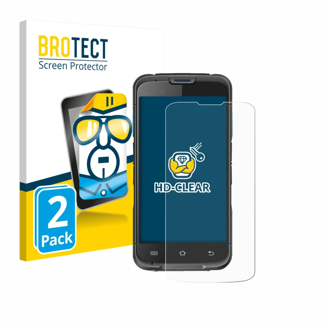 Face avant d’un emballage produit avec le logo de la marque BROTECT. À côté, l’appareil Unitech EA602 est représenté avec la p