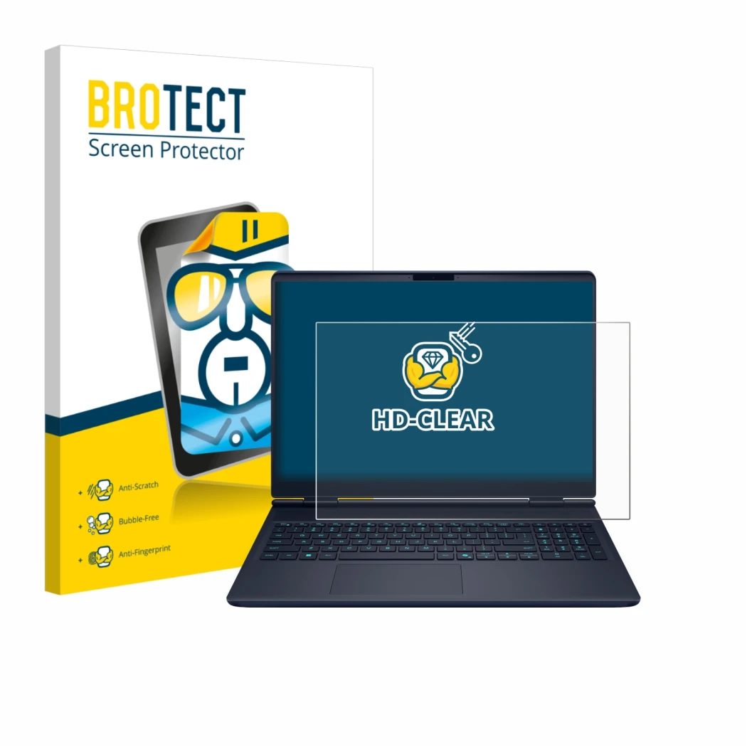 Face avant d’un emballage produit avec le logo de la marque BROTECT. À côté, l’appareil Dell Alienware 16X est représenté avec