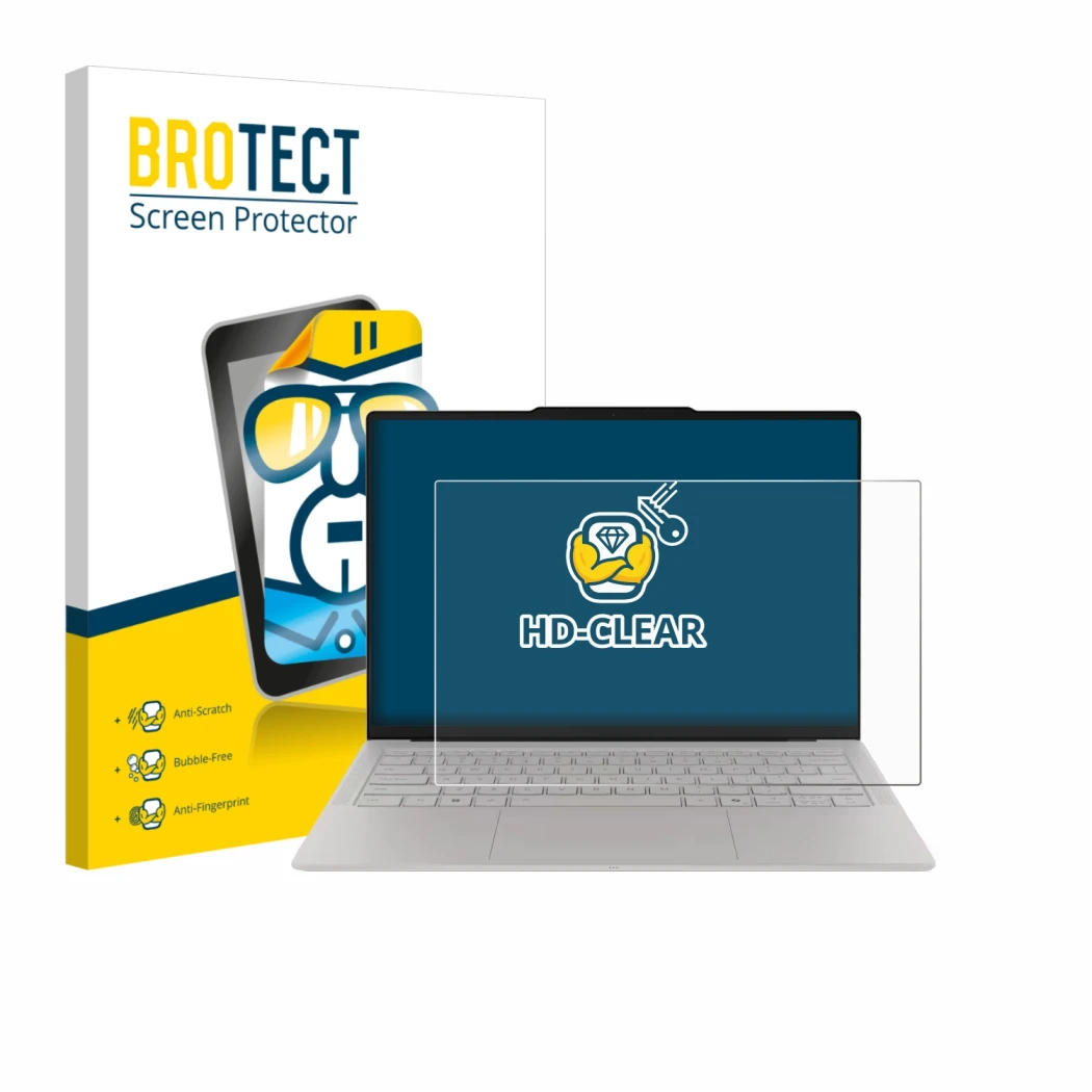 Face avant d’un emballage produit avec le logo de la marque BROTECT. À côté, l’appareil Lenovo Yoga Slim 7i Ultra Gen 11 Aura 