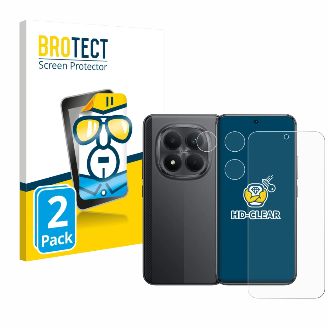 Face avant d’un emballage produit avec le logo de la marque BROTECT. À côté, l’appareil Xiaomi Poco M8 Pro (Avant+Caméra) est 