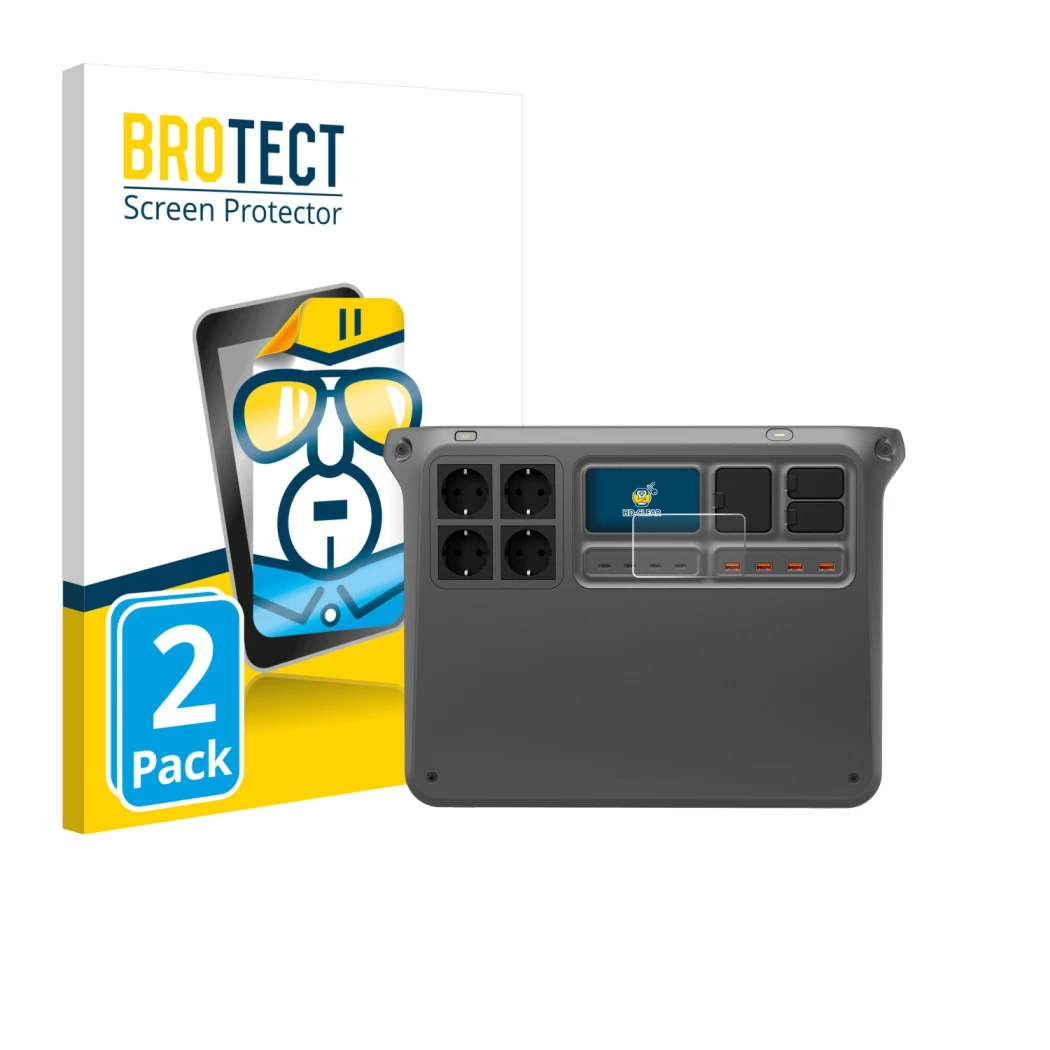 Face avant d’un emballage produit avec le logo de la marque BROTECT. À côté, l’appareil DJI Power 2000 est représenté avec la