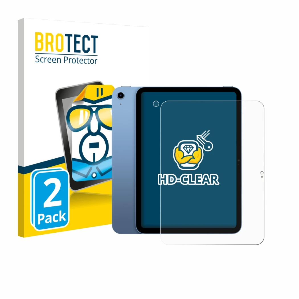 Face avant d’un emballage produit avec le logo de la marque BROTECT. À côté, l’appareil Apple iPad 10.9