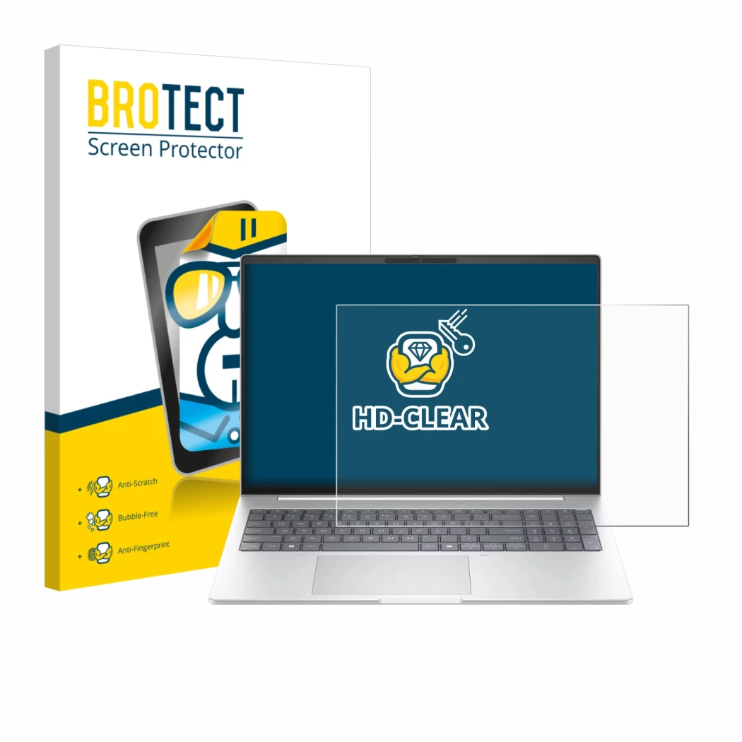 Face avant d’un emballage produit avec le logo de la marque BROTECT. À côté, l’appareil HP EliteBook 8 G1i 16