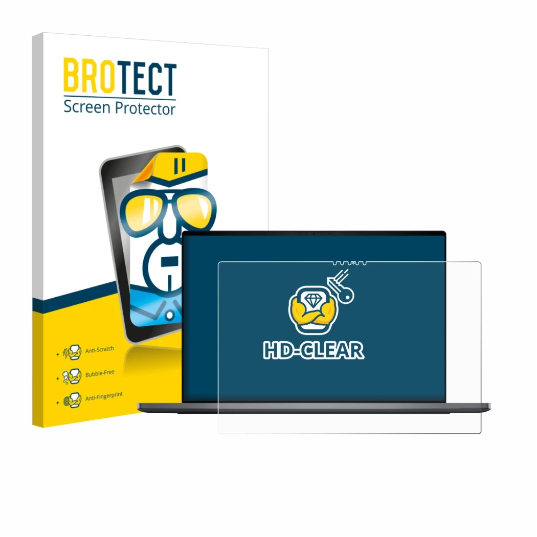 Face avant d’un emballage produit avec le logo de la marque BROTECT. À côté, l’appareil Dell XPS 16 DA16260 est représenté ave