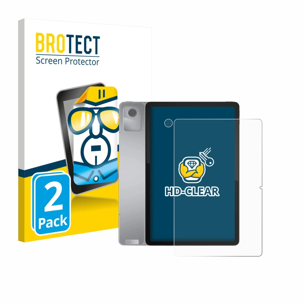 Face avant d’un emballage produit avec le logo de la marque BROTECT. À côté, l’appareil Lenovo Tab M11 (Avant+Caméra) est repr