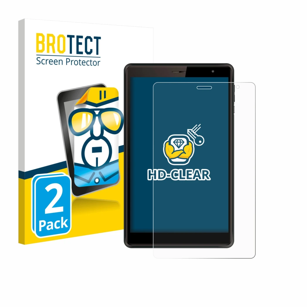 Face avant d’un emballage produit avec le logo de la marque BROTECT. À côté, l’appareil Logicom Tab 80 8