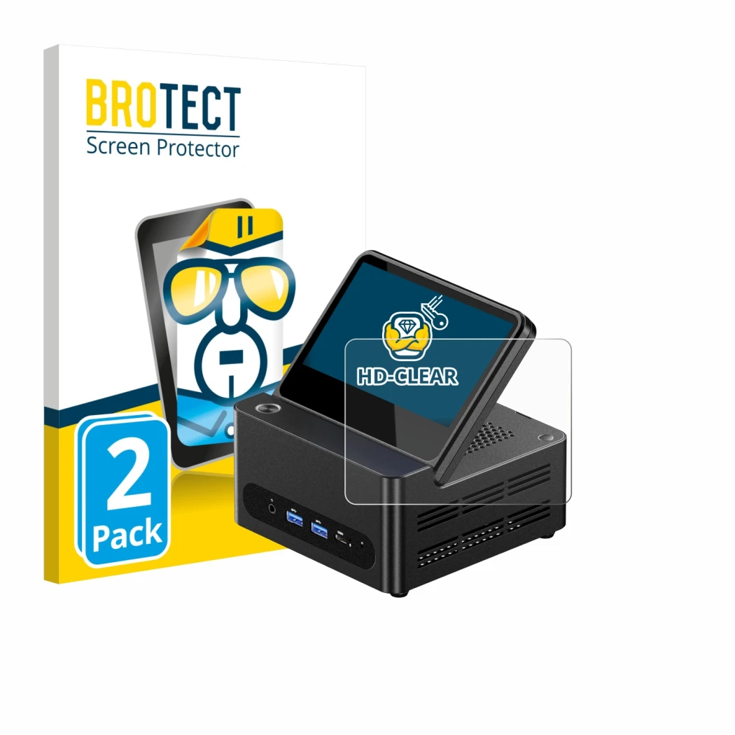 Face avant d’un emballage produit avec le logo de la marque BROTECT. À côté, l’appareil AOOSTAR ‎G-FLIP H255 est représenté av