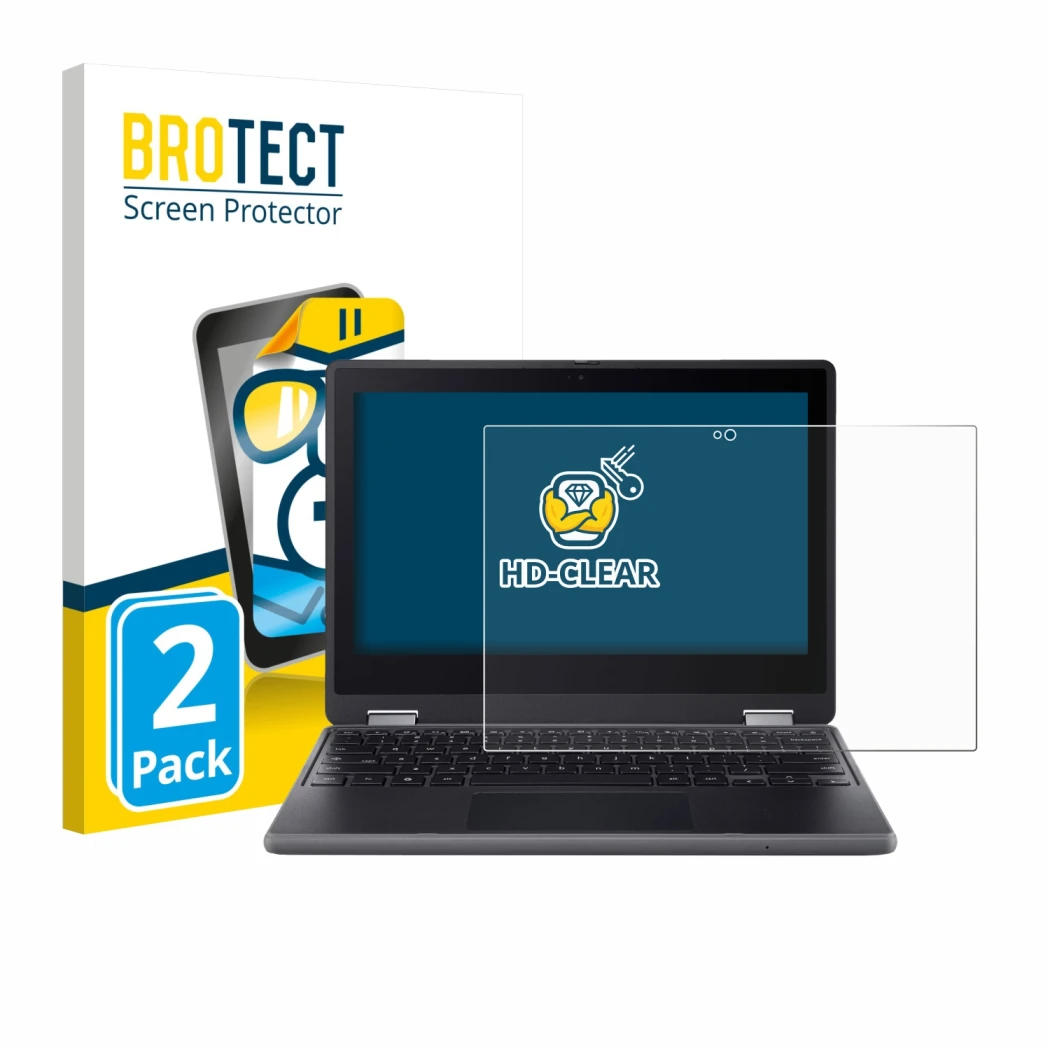 Face avant d’un emballage produit avec le logo de la marque BROTECT. À côté, l’appareil Acer Chromebook Spin 511 R757TN est re