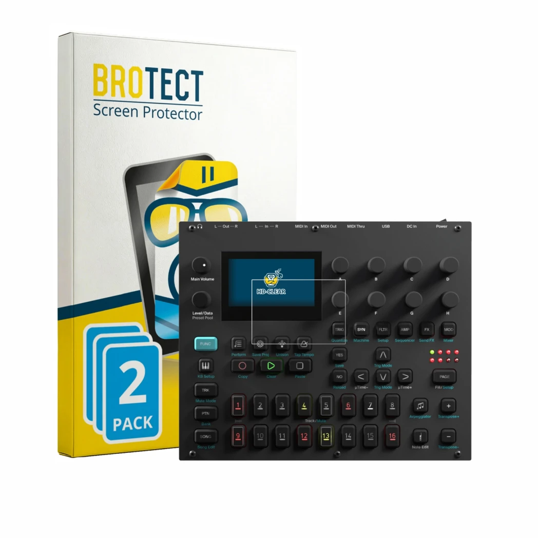 Face avant d’un emballage produit avec le logo de la marque BROTECT. À côté, l’appareil Elektron Digitone II est représenté av