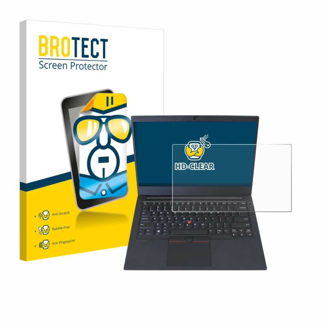 Face avant d’un emballage produit avec le logo de la marque BROTECT. À côté, l’appareil Lenovo ThinkPad E14 Gen 1 est représen