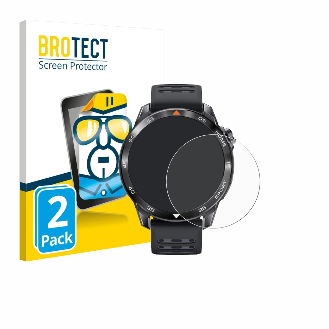 Face avant d’un emballage produit avec le logo de la marque BROTECT. À côté, l’appareil Xiaomi Mibro GS Pro 2 est représenté a