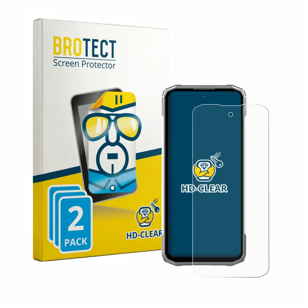 Face avant d’un emballage produit avec le logo de la marque BROTECT. À côté, l’appareil Doogee Blade 20 Max est représenté ave