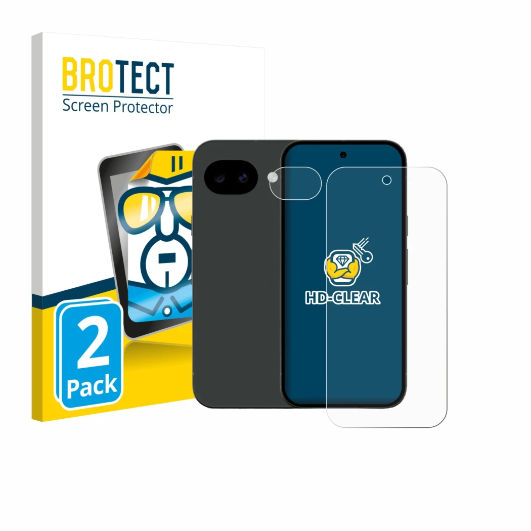 Face avant d’un emballage produit avec le logo de la marque BROTECT. À côté, l’appareil Google Pixel 10a (Avant+Caméra) est re