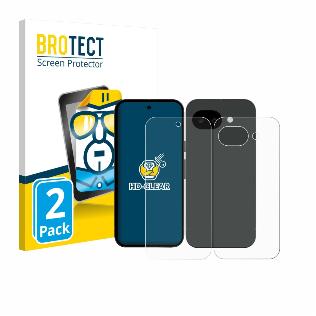 Face avant d’un emballage produit avec le logo de la marque BROTECT. À côté, l’appareil Google Pixel 10a (Avant+Arrière) est r