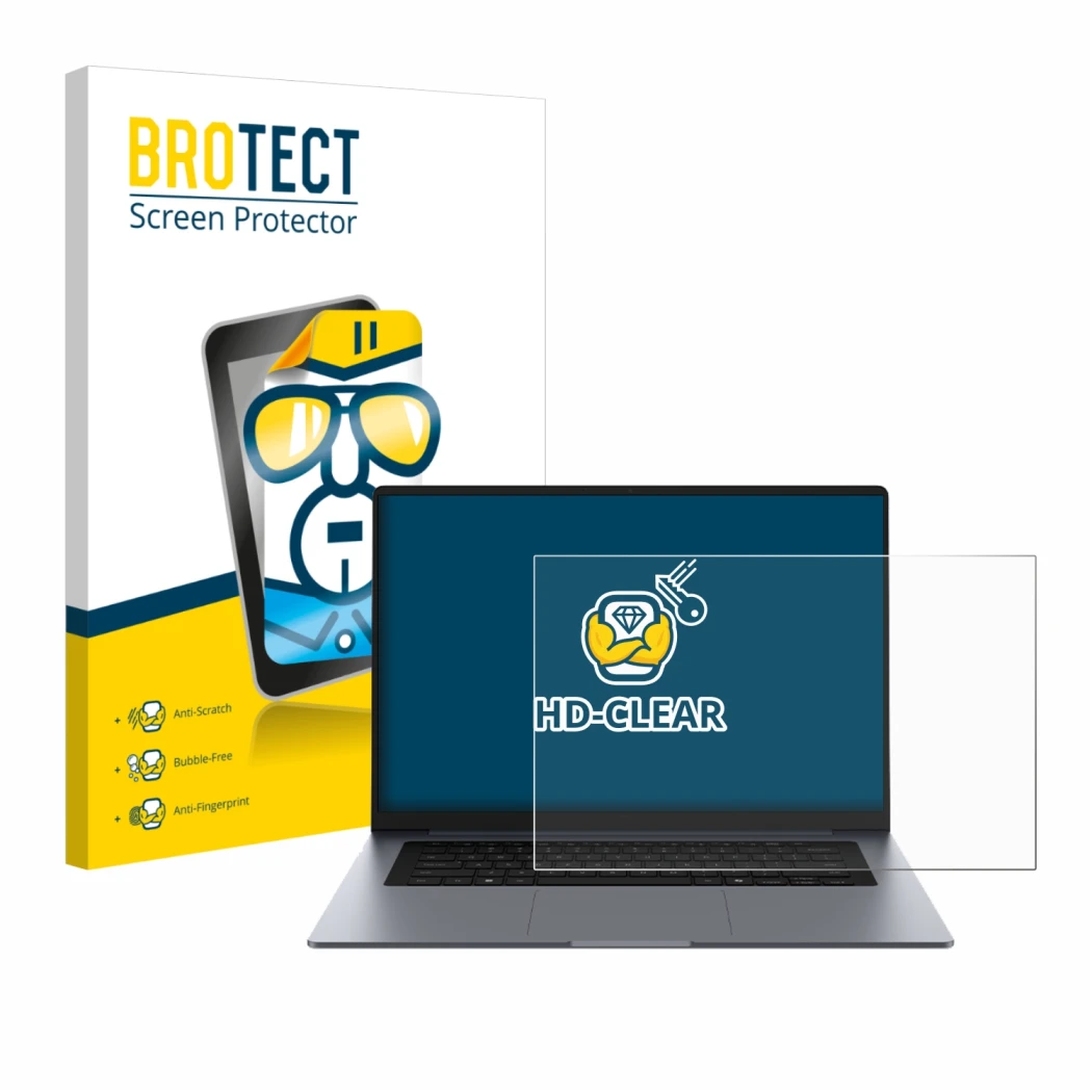 Face avant d’un emballage produit avec le logo de la marque BROTECT. À côté, l’appareil Samsung Galaxy Book6 16