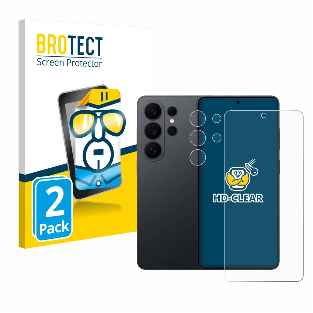 Face avant d’un emballage produit avec le logo de la marque BROTECT. À côté, l’appareil Samsung Galaxy S26 Ultra (Avant+Caméra