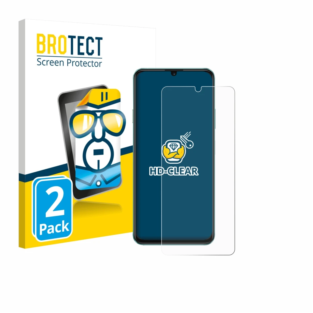 Face avant d’un emballage produit avec le logo de la marque BROTECT. À côté, l’appareil Huawei Enjoy 70 est représenté avec la