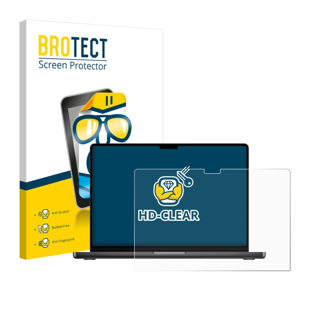 Face avant d’un emballage produit avec le logo de la marque BROTECT. À côté, l’appareil Apple MacBook Pro 16