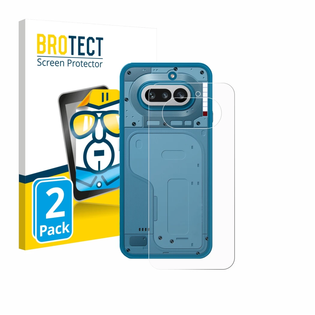 Face avant d’un emballage produit avec le logo de la marque BROTECT. À côté, l’appareil Nothing Phone (4a) (Arrière) est repré