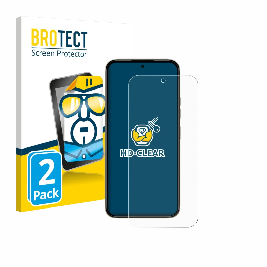 Face avant d’un emballage produit avec le logo de la marque BROTECT. À côté, l’appareil Tecno Spark 50 5G est représenté avec