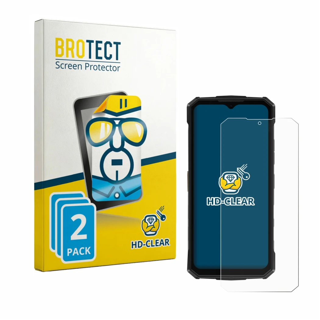 Face avant d’un emballage produit avec le logo de la marque BROTECT. À côté, l’appareil Doogee Fire 5 Pro est représenté avec 