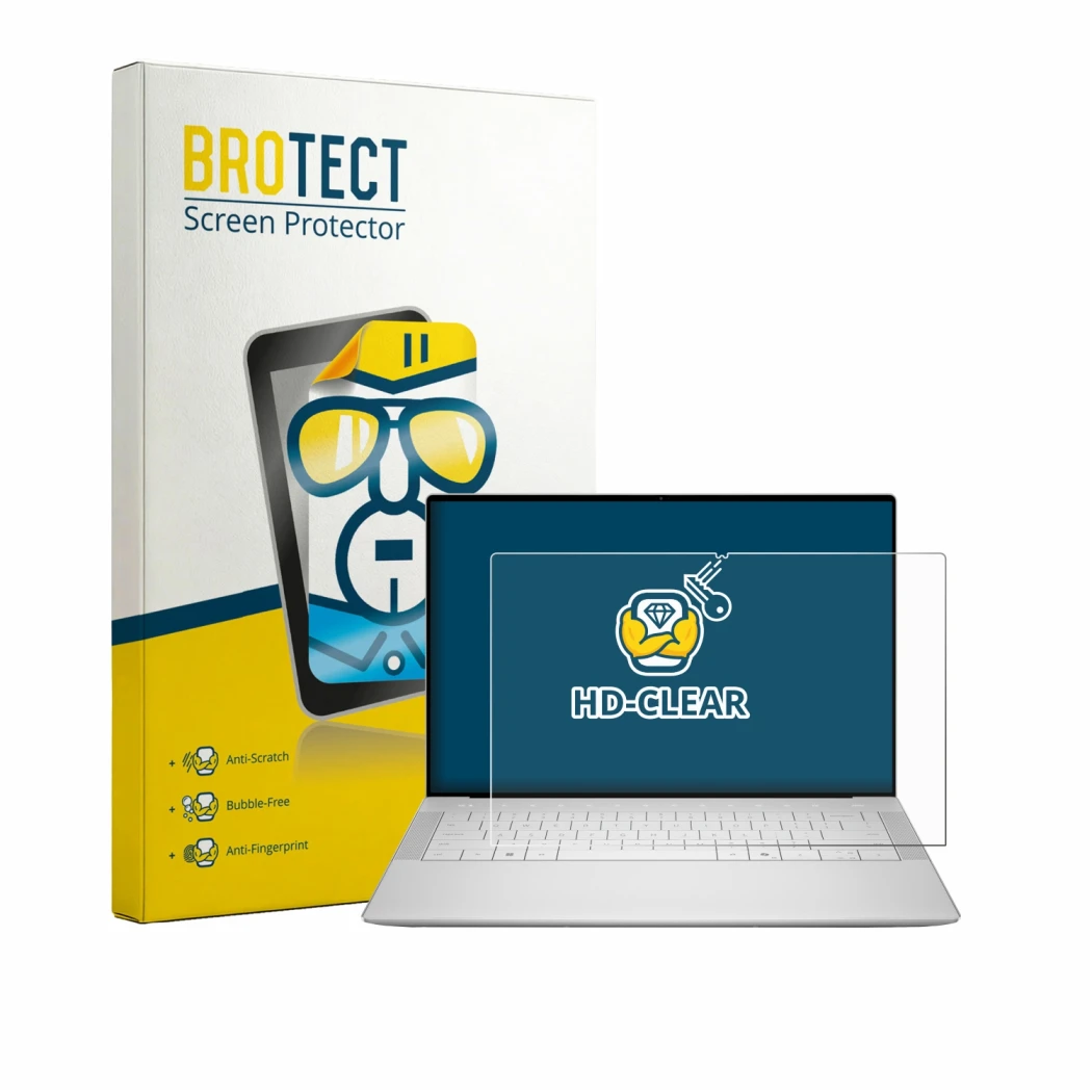Face avant d’un emballage produit avec le logo de la marque BROTECT. À côté, l’appareil Dell XPS 14 DA14250 est représenté ave